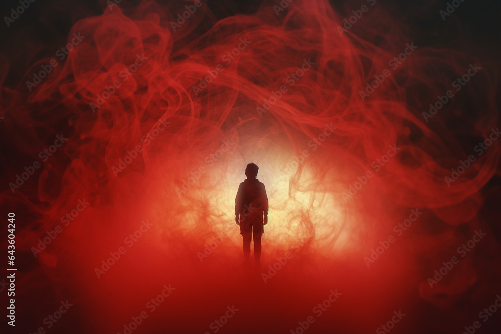 Fantasy silhouette of a woman in a red watercolor background.