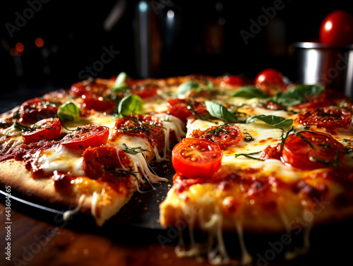 Slice of hot pizza large cheese lunch or dinner crust seafood meat topping sauce . AI generated