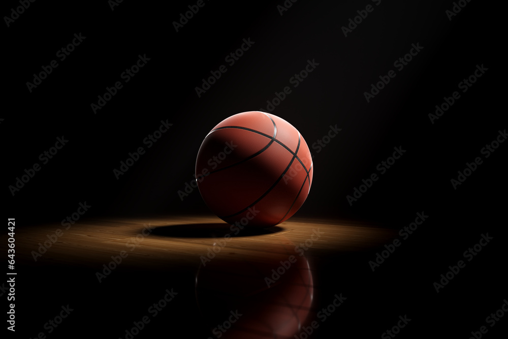 Close-up view at a ball on thewooden, foggy basketball court. Nightly scenery. Close-up view at a ball on thewooden, foggy basketball court. Nightly scenery.