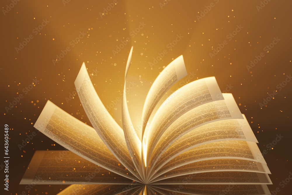 Flipping pages in the mystical book. Golden sparkles and glowing lights