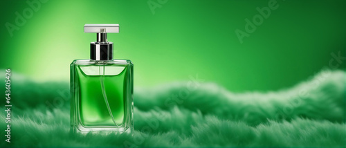 A bottle of green perfume on a glamorous advertising background. Generative AI.