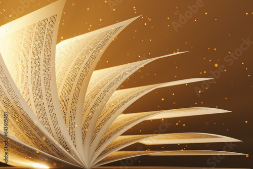 Obraz na płótnie Flipping pages in the mystical book. Golden sparkles and glowing lights w salonie