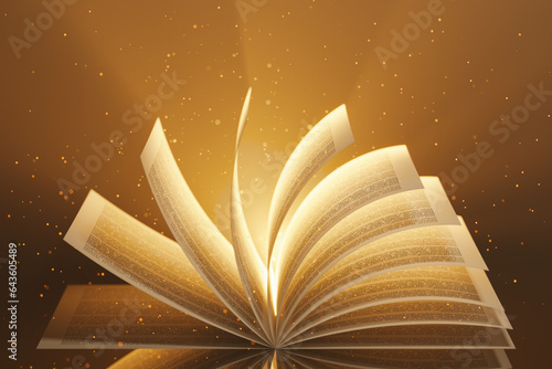 Obraz na płótnie Flipping pages in the mystical book. Golden sparkles and glowing lights w salonie