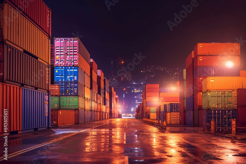 Cargo port with container cargo freight ship at night for Logistic Import Export background
