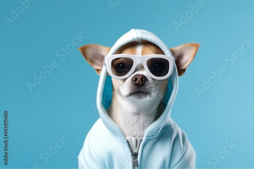 Cute chihuahua dog wearing hoodie and sunglasses on blue background © Creative