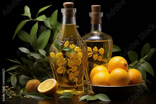 bottle of oil with lemons near