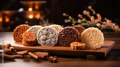 A mooncake is a Chinese bakery product traditionally eaten during the Mid-Autumn Festival. Traditional gift to clients and relatives. photo