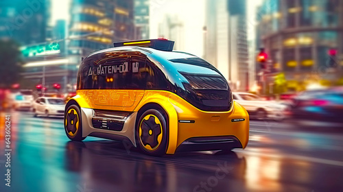 Future of urban autonomous mobility like AV city taxi. Postproducted generative AI illustration.   © LeArchitecto