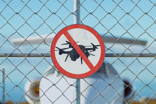 No Drones Zone sign on airport fence. A warning for unauthorized aerial vehicles
