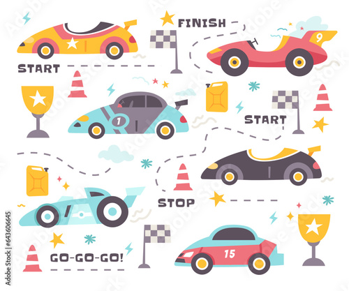 Retro racing speed car vehicle driving rally moving fast reaching finish on road doodle set