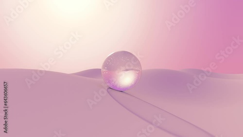 3D animation - Crystal ball rolling in a loop in an pink desert at sunset