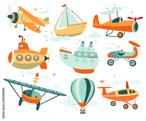 Cartoon water and air transport for travel and transportation isolated set on white background
