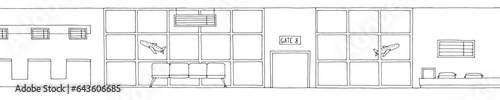 Airport interior gate graphic black white long sketch illustration vector 