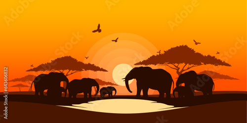 Silhouette of Elephants family in sunset, World elephant day, Wildlife and Nature landscape of savanna field, Grassland safari travel, Environmental and Ecology conservation, National park in Africa.