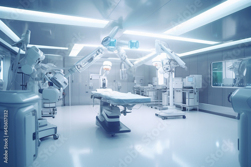 3d rendering robot working in modern operating room with medical equipment. photo