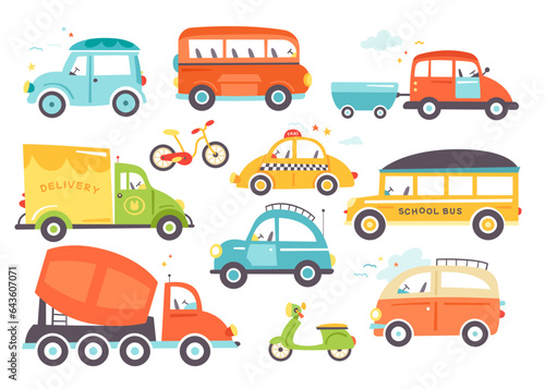 Cute cartoon public passenger transport, special car, heavy machinery, eco-friendly vehicle set