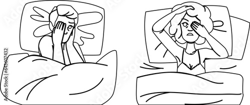 bed sleep disorder vector. awake night, anxiety woman, stress sad bed sleep disorder character. people black line illustration