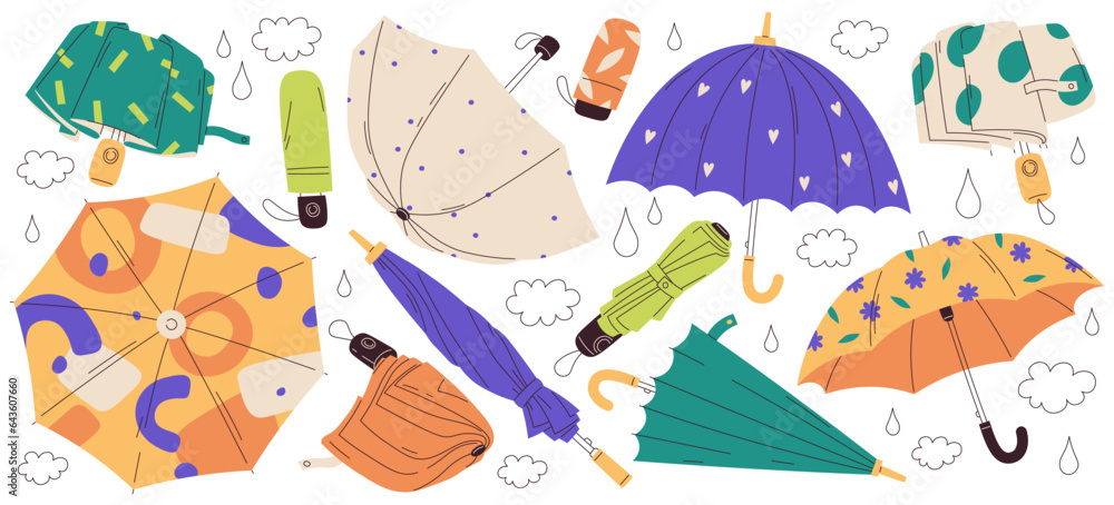 Different closed and opened umbrella, sun and rain protection equipment accessories isolated set Different closed and opened umbrella, sun and rain protection equipment accessories isolated set