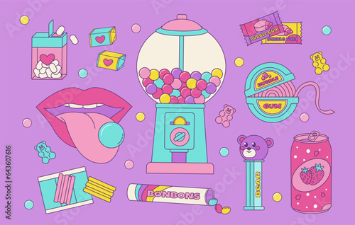 Set of colorful sweets, bubble gum from the 80s 90s, retro style, nostalgic elements. Vector illustration in vintage style