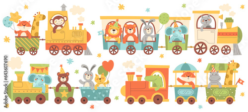 Cute cartoon kid animal character riding on train locomotive set happy travel vector illustration