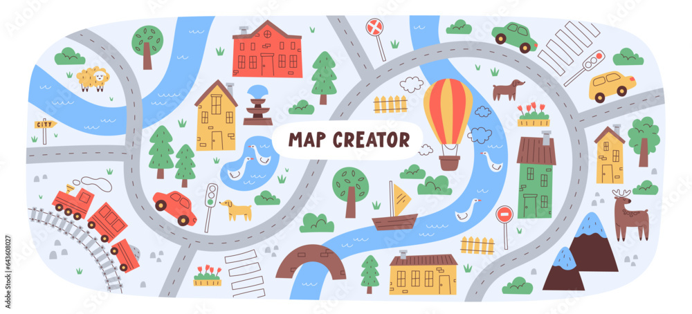 Childish city map creator seamless pattern with different transport on road and house building Childish city map creator seamless pattern with different transport on road and house building