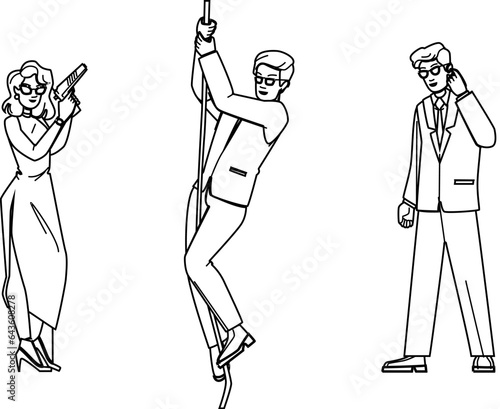 secret agent vector. spy black, detective security, man person, hat crime, silhouette gun secret agent character. people black line illustration