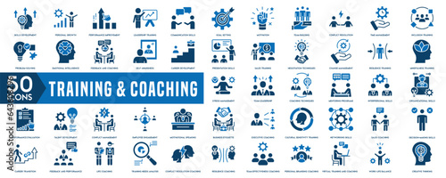 Training and Coaching icon set. Containing team building, collaboration, teamwork, coaching, problem-solving and education icons. Solid icon collection