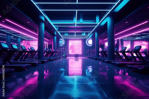 Futuristic gym interior with neon lights. 3D Rendering