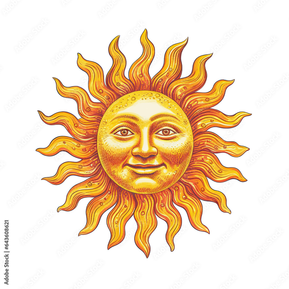 A Vintage Sun Illustration isolated on a transparent background - Generative AI