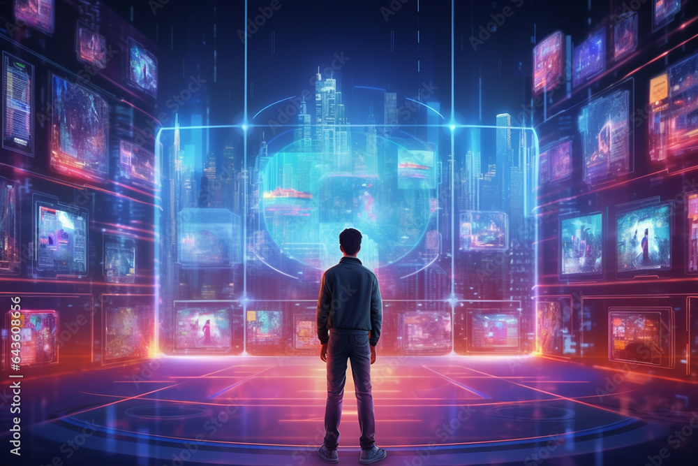 Man in front of a futuristic screen with technology elements, 3D rendering Man in front of a futuristic screen with technology elements, 3D rendering
