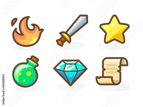 Game or just casual icons for your app. Bright remarkable UI elements. Good for animation. Sword, diamond, potion and others. Vector illustration for your business.