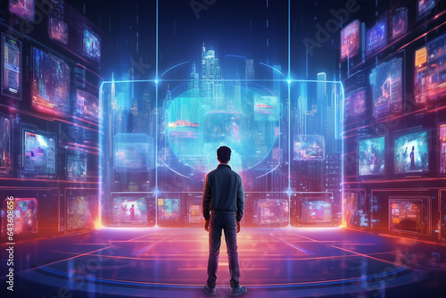 Man in front of a futuristic screen with technology elements, 3D rendering