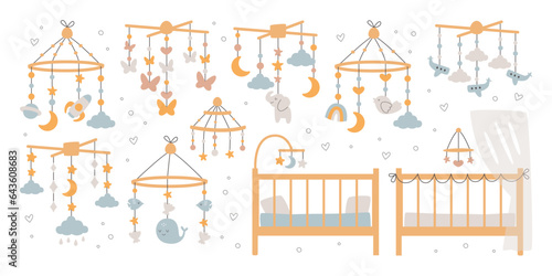 Different hanging baby crib mobile and bed for newborn isolated set in Scandinavian doodle style