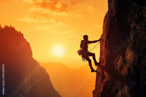 Rock climber reaches for the top of the cliff at sunset.