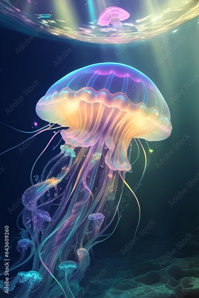 Fototapeta premium Colorful jellifish in deep ocean. AI generated illustration