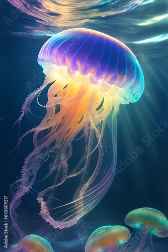 Colorful jellifish in deep ocean. AI generated illustration photo