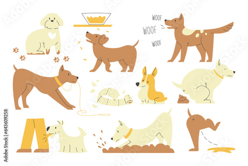 Cute naughty dog set puppy with behavior problem vector illustration isolated on white background