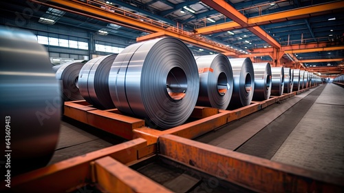 rolled steel coils in a warehouse of a metal factory, aluminium or steel sheet rolls at metalwork manufacturer