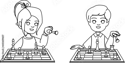 playing chess kid vector. play child, game boy, board sport, young competition, children girl playing chess kid character. people black line illustration