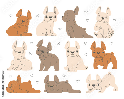Cute little french bulldogs cartoon funny puppy character isolated set on white background