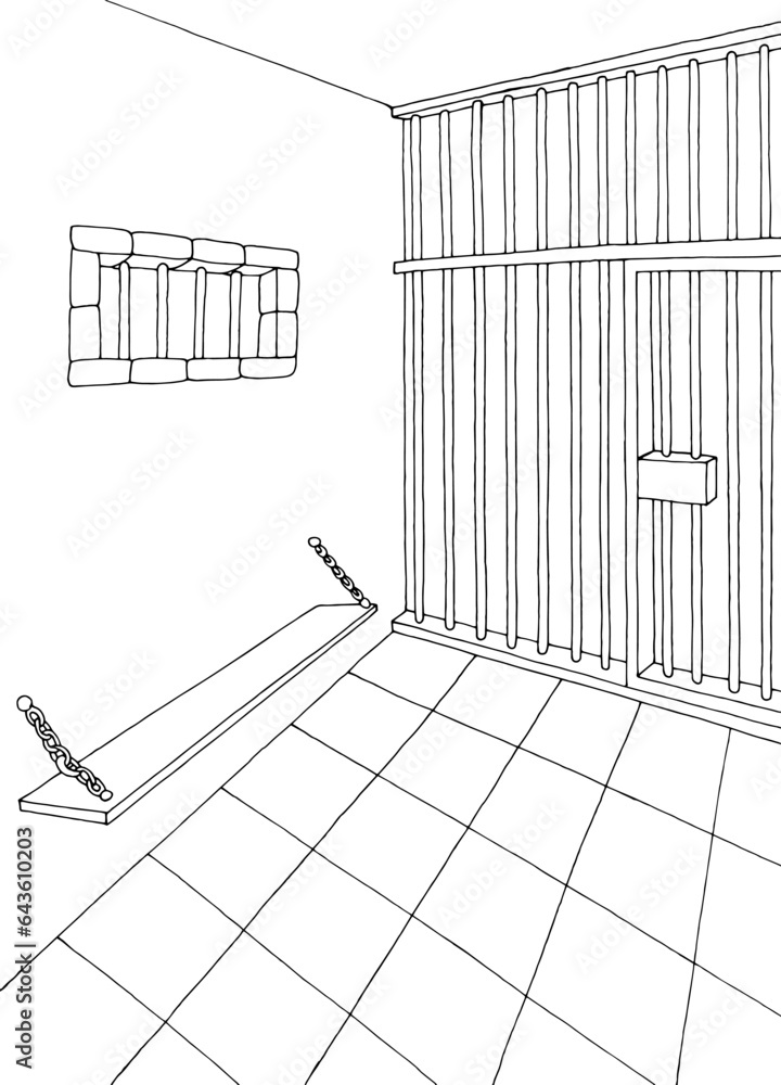 Prison interior jail graphic black white vertical sketch illustration vector Prison interior jail graphic black white vertical sketch illustration vector