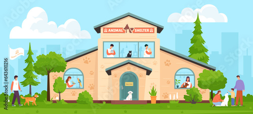 Animal shelter. Volunteers take care of cats, dogs and birds, summer, beautiful background, flat cartoon illustration vector. Cartoon of animal shelter house vector © AlexxxA