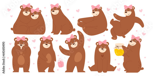 Cute cartoon female bear wearing pink bow on head in different position set vector illustration