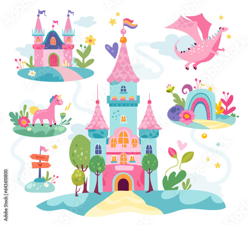 Childish fairytale kingdom village with dragon, flower meadow, castle tower exterior isolated set