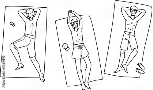 view man sunbathing beach top vector. summer happy, pool travel, young relax view man sunbathing beach top character. people black line illustration