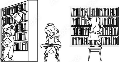 library kid vector. child school, boy book, education knowledge, student study, literature little library kid character. people black line illustration
