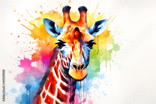 Modern colorful watercolor painting of a giraffe  textured white paper background  vibrant paint splashes. Created with generative AI