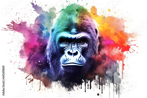 Modern colorful watercolor painting of a gorilla, textured white paper background, vibrant paint splashes. Created with generative AI