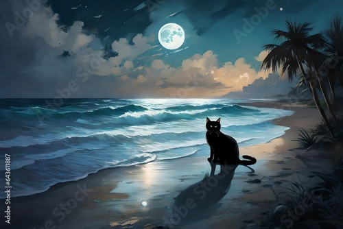 A Halloween moonlit beach with gentle waves crashing on the shore, and a black cat with luminous eyes prowling along the water's edge