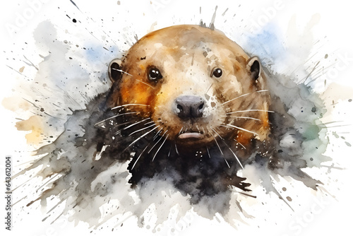 Modern colorful watercolor painting of a mole, textured white paper background, vibrant paint splashes. Created with generative AI photo